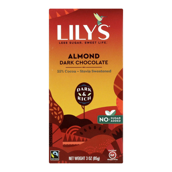 Lily's Sweets Chocolate Bar - Dark Chocolate - 55 Percent Cocoa - Almond - 3 Oz Bars - Case Of 12